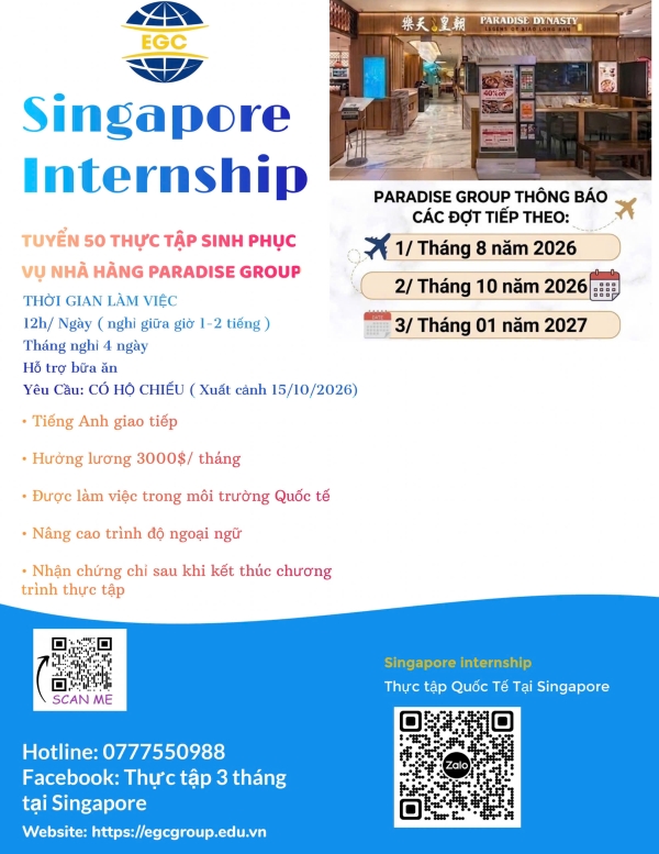 Thông tin tuyển thực tập sinh phục vụ nhà hàng tại Singapore (Đợt tháng 8/2026, tháng 10/2026, tháng 01/2027)