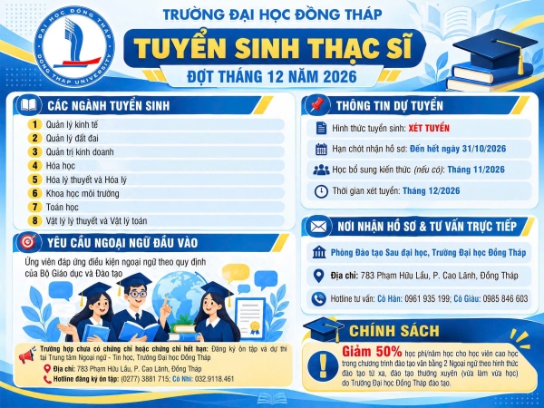 Trường Đại học Đồng Tháp tuyển sinh thạc sĩ đợt tháng 12/2026