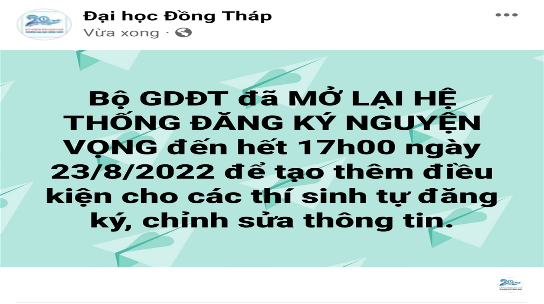 THÔNG BÁO: BỘ GIÁO DỤC VÀ ĐÀO TẠO ĐÃ MỞ LẠI HỆ THỐNG ĐĂNG KÝ NGUYỆN VỌNG ĐẾN HẾT 17H NGÀY 23/8/2022