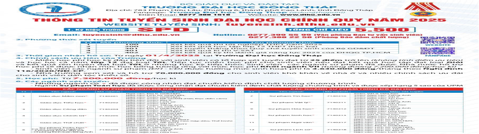 THÔNG TIN TUYỂN SINH NĂM 2025 TRƯỜNG ĐẠI HỌC ĐỒNG THÁP (MÃ TRƯỜNG: SPD)